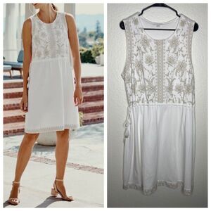 J Jill womens white sleeveless embroidered dress boho tassels beach floral XL